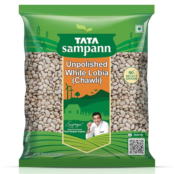 Tata Sampann Unpolished White Lobia (Chawli), 500g, Select Grains, Black Eyed Beans, Chef Recommended