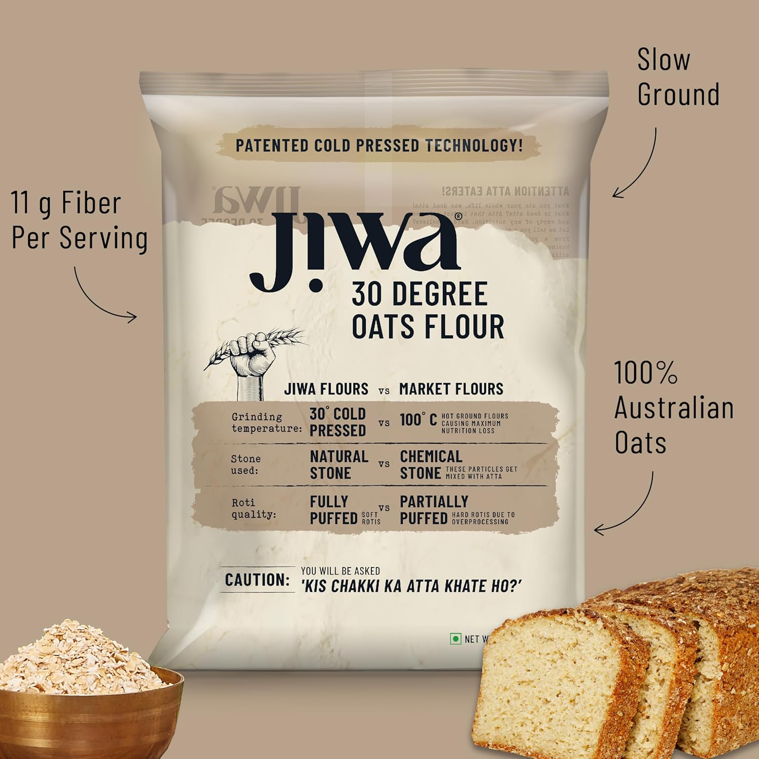Jiwa 30 Degree Barley Flour/Atta | Patented Cold Pressed Flour | Slow Ground | High Fiber | Jau Atta | 900 G